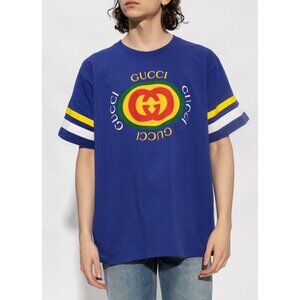 GUCCI T-SHIRT BLUE COTTON JERSEY LOGO PRINT TOP SHORT SLEEVE sz XXL